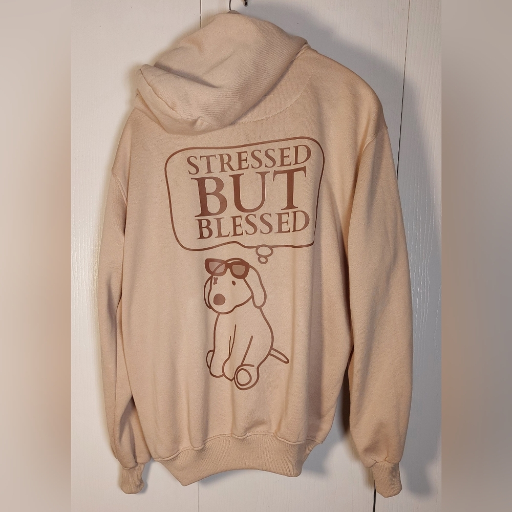 Tan Brown Graphic Dog Printed Pullover Hoodie Size XL Stressed But Blessed Comfy - Picture 11 of 12